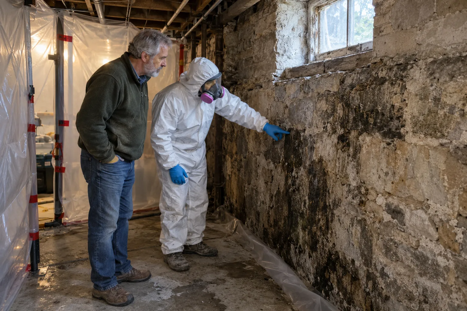 Friendly local provider checking a basement wall for mold with a homeowner in a home in the New York area